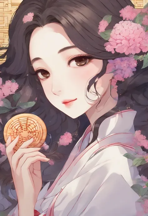 Masterpiece, Best quality, Night, full moon, Mid-Autumn Festival，1 Mature woman eats mooncakes, Chinese style, Ancient China, Imperial sister, Smile, Dark brown hair, Dark hair, Princess cut, Fried dough twisted braid, Coiled hair, Double ball head, Light ...