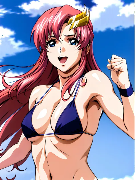 (masterpiece, upper body view, 4K, Best Quality, Anime style: 1.9,, Adult Woman, ultra detailed face, (cloud background, wrestling), Drawing lines, high resolution, Anime, lacus4), 1girl, Solo, curvy figure, Long hair, 鎖骨, scapular, (Detailed wide hair ban...