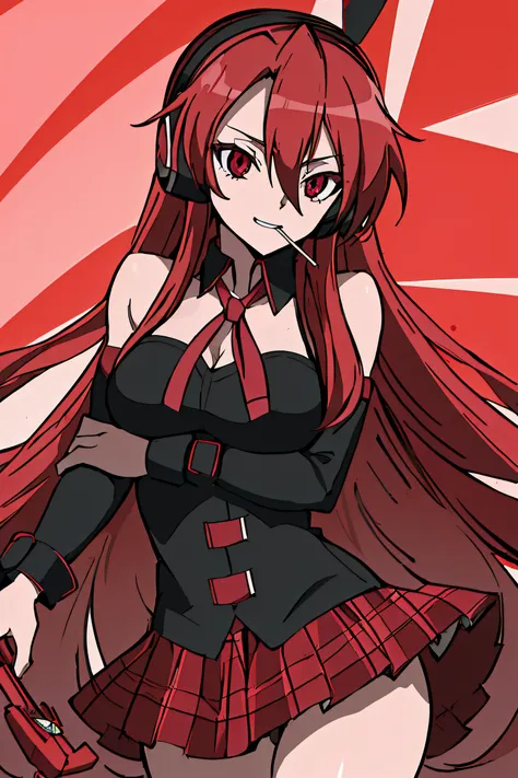 (absurdres, 8k, 4k, masterpiece, hyper extreme detailed:1.2), ((masterpiece,best quality)), absurdres, anime character, girl, female, woman, girls, women, akame ga kill, akamegakill, akame ga kill!, chelsea long hair red hair red eyes ribbon headphones pla...