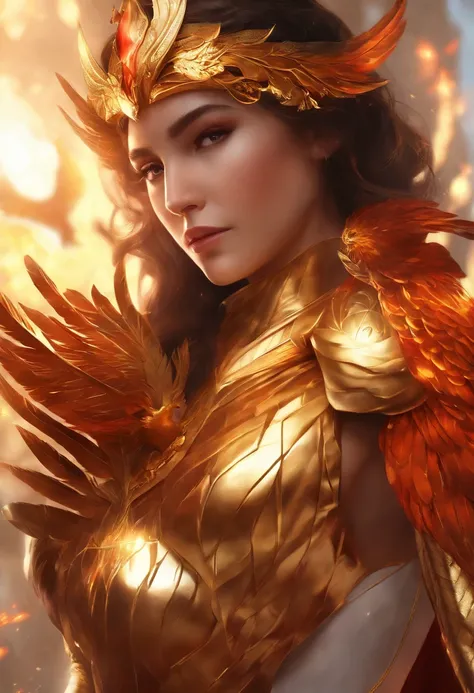 (upper body:1.3), 1girl,hoenix keeper, fireproof suit with a golden phoenix emblem, fire cage with obsidian bars, phoenix nest with shimmering golden feathers, talon gloves for handling the phoenix, fire ruby for feeding the phoenix,