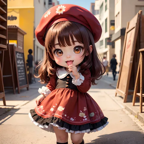 ​masterpiece、top-quality、ultra-detailliert、（Chibi Charas Daughter:1.2）、Red-brown hair、beret、Retro floral dress、Chibi Living、Open your mouth and smile、Standing