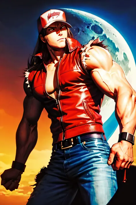 terry bogard looking up at the moon standing somewhere in the city of miami