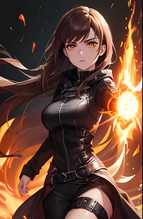 kk, best quality, more details, masterpiece, 1 girl, female focus, solo, An assassin woman in a black hooded suit, she creates a fireball in her hand, brown background, orange eyes, long hair, brown hair, looking at viewer, luxurious, 8k, detailed, ray tra...