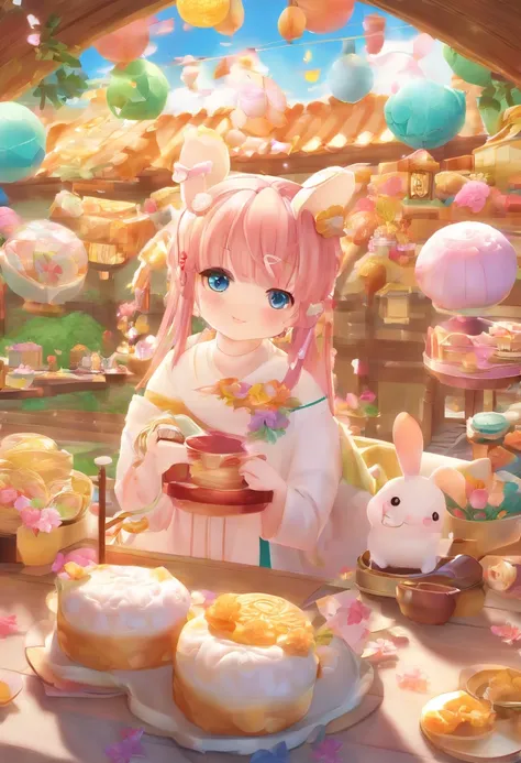 themoon，（Nut mooncakes、Egg yolk mooncakes、Ham mooncakes、South wind mooncakes），edgBunny，A strong Mid-Autumn Festival festive atmosphere，extremely detailed face and skin，Heartwarming scene，perfect  detail