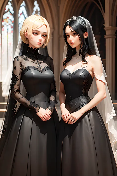 2 women, one with short blonde hair and other with long black hair. both wearing wedding dresses