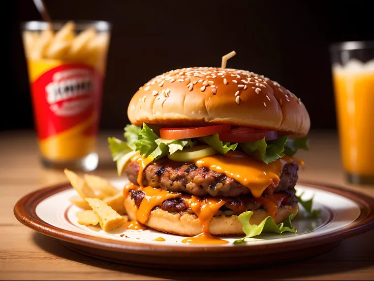 Food photography of a double cheeseburger and chips, with a shallow depth of field, elegant plating, and soft lighting