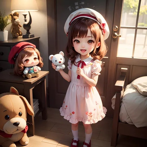 ​masterpiece、top-quality、ultra-detailliert、（Chibi Charas Daughter:1.2）、Red-brown hair、beret、Retro floral dress、Chibi Living、Open your mouth and smile、Standing、Dragging a stuffed dog、Stuffed dog、