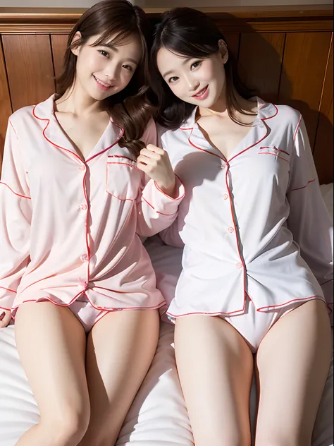 top-quality、​masterpiece、超A high resolution、(Photorealsitic:1.4)、twinsies、2girls、Milk、Valley、teats、The ultra-detailliert、cute little、(A smile:1.2)、Sexy clothes、s Pajamas、pyjamas、Protruding buttocks、