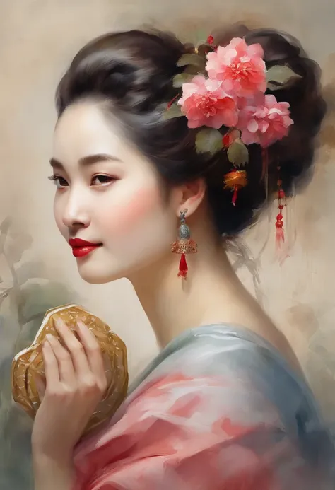 Masterpiece, Best quality, Night, full moon, Mid-Autumn Festival，1 cooked woman eats mooncakes, Chinese style, Ancient China, Imperial sister, Smile, Dark brown hair, Dark hair, Princess cut, Fried dough twisted braid, Coiled hair, Double ball head, Light ...