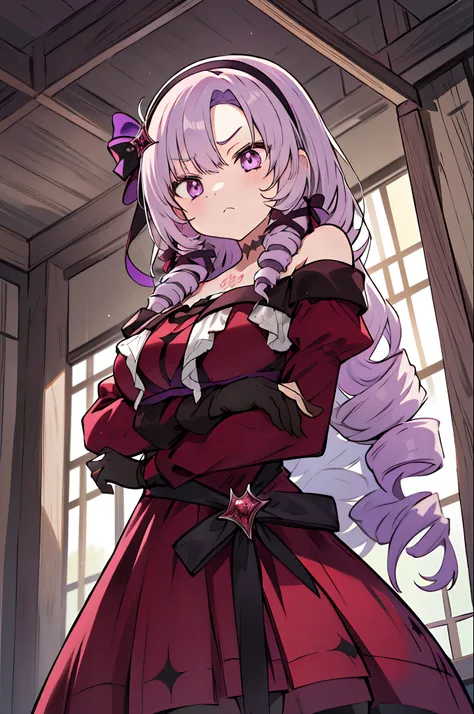 masutepiece, Best Quality, hight resolution, Head-on, (From below:1.2), hmsalome, Drill Hair, Parted bangs, black hairband, bow ribbon, Purple eyes, Large breasts, The tattoo, Red dress, Long sleeves, Bare shoulders, Black Gloves, frown, Indoors, (wide eye...