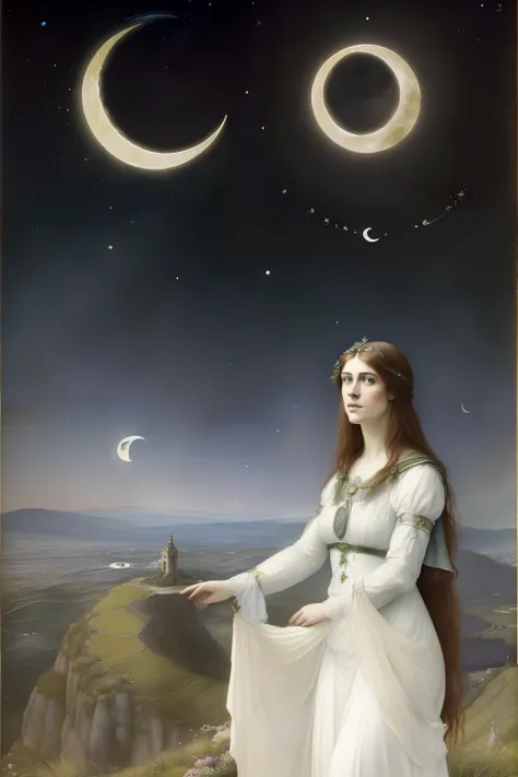 (((Pre-Raphaelite painting of a goddess on top of a mountain, Flowing white clothes, Large crescent moon in night sky, paisagem celta, bruxaria, Wicca)))