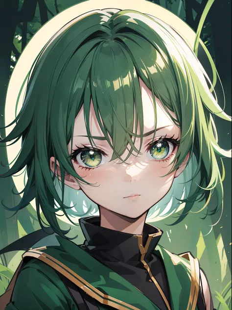 character portrait closeup，sketching，.tchibi， Green hair，Dark green pupils, tilts your head，avatar close up，Green forest background，Detailed facial depiction，lti kid，Fierce eyes，Back head，short detailed hair，Boy combs hair，Libido boy