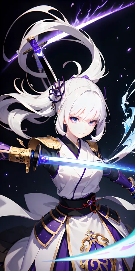 1girl, japanese armor, white hair, purple eyes, sword, ((holding sword)), blue flames, glowing weapon, light particles, wallpaper, chromatic aberration