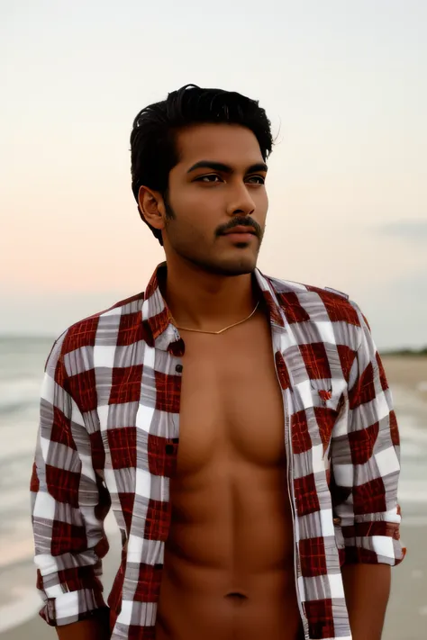 an Indian male model standing on a beach looking off into the distance, wearing a flannel shirt, portrait of a rugged young man, wearing a plaid shirt, beautiful young man, good looking face, handsome young man, wearing plaid shirt, portrait of beautiful y...