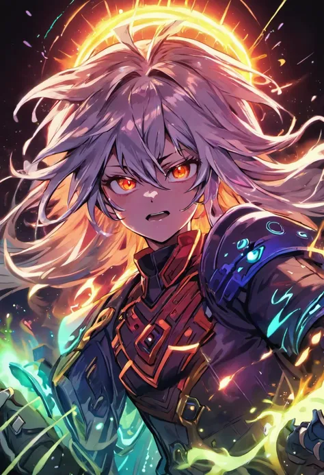 (((Beautiful and ultra detailed face, Megapixel))) madara, full body, with bioluminescent aura around the body, during a beautiful, colorful and ultra-realistic sunset, shiny and realistic grass, big white bioluminescent hair with rays of bioluminescent li...