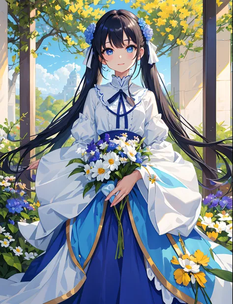 ​masterpiece:1.2、hightquality、top-quality、hight resolution、detaileds、A hyper-realistic、1girl in、long hair with light blue twin tails,,,,,,,、Beautiful blue eyes、Standing in a flower garden、colorful outfit、blue-sky、full body Esbian、rainbows、Lovely smile、Cosm...