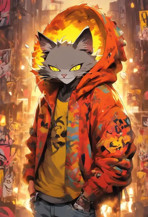 A cool and trendy smiling cat, white hair, yellow eyes, wearing trendy hip hop clothing, wearing a hoodie, graphic t-shirt and torn jeans, tons of tattoos and piercings, graffiti style background, highly detailed background, perfect masterpiece, high quali...