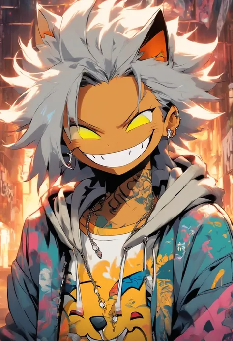 A cool and trendy smiling cat, white hair, yellow eyes, wearing trendy hip hop clothing, wearing a hoodie, graphic t-shirt and torn jeans, tons of tattoos and piercings, graffiti style background, highly detailed background, perfect masterpiece, high quali...