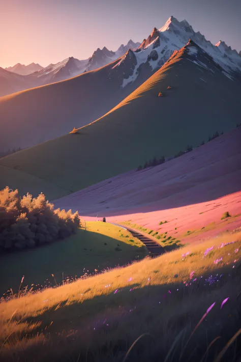 The hillside is covered with grass, Like the steppe，The lens shakes slightly，The sky will be black，the sunset，Sunset taillights appear purple sky，Grayish blue，Grayish pink，The long grass swayed with the slow rhythm of the wind，There was a man sitting quiet...