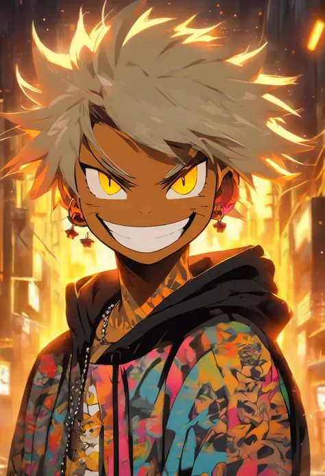 A cool and trendy smiling cat, white hair, yellow eyes, wearing trendy hip hop clothing, wearing a hoodie, graphic t-shirt and torn jeans, tons of tattoos and piercings, graffiti style background, highly detailed background, perfect masterpiece, high quali...