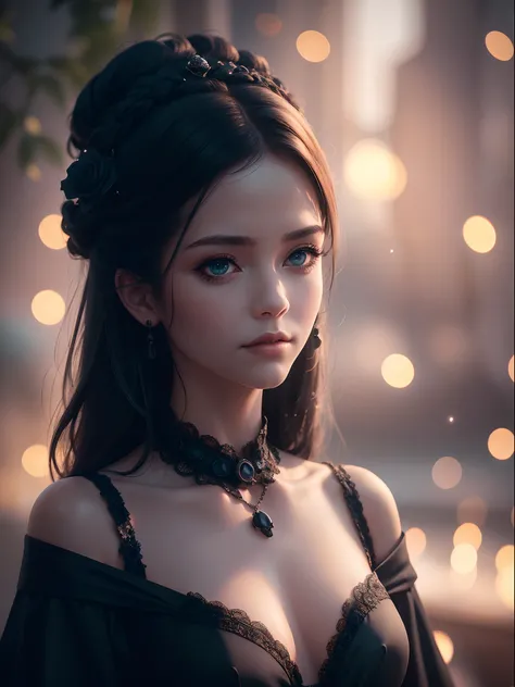 (masterpiece,top quality,realistic), (Upper body close up), cute lady, Girl in black victorian dress, beautiful black dress, detailed dress, off shoulder,(robes,skull trinkets,black roses,skull print), green diamond eyes, various wavy hairstyle, makeup:0.5...