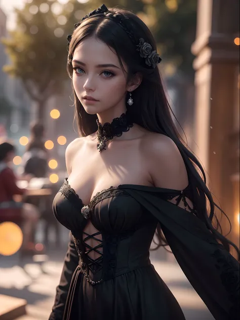 (masterpiece,top quality,realistic), (Upper body close up), cute lady, Girl in black victorian dress, beautiful black dress, detailed dress, off shoulder,(robes,skull trinkets,black roses,skull print), green diamond eyes, various wavy hairstyle, makeup:0.5...