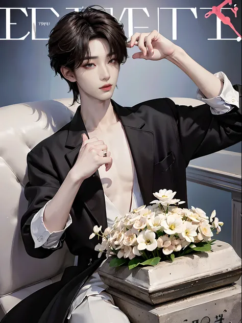 ((4K works))、​masterpiece、（top-quality)、((high-level image quality))、((One Manly Boy))、Slim body、((Man in black tuxedo))、(Detailed beautiful eyes)、((Model Magazines))、deacon、Face similar to Chaewon in Ruseraphim、((short hair above the ears))、((Smaller face...