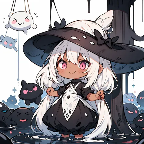 A small girl with tan skin, black and white white hair, and pink eyes. She is holding her arms out while smirking, strings of black slime hang from her fingers and connecting to small black creatures