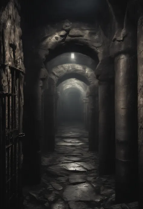 ((stone chambers underground with iron metal prison cells)), wet walls, leaking walls, (((elves, dogs, and ogres))), skelton