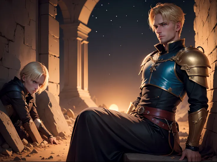 realistic 8k image of a blond man, 30 years old, short hair, strong, extremely detailed blue eyes, square chin, dressed in black cleric clothes and golden shoulder pads, exhausted expression, sitting in the small nighttime ruins of a sandy desert, night sc...