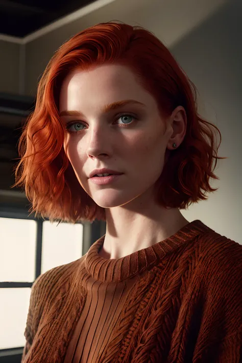 RAW photo of Muirgheal MacCarrick with sweater, red hair, Photorealistic, Hyperrealistic, Hyperdetailed, low cut, detailed skin, soft lighting, subsurface scattering, realistic, heavy shadow, masterpiece, best quality, ultra realistic, 8k, golden ratio, In...