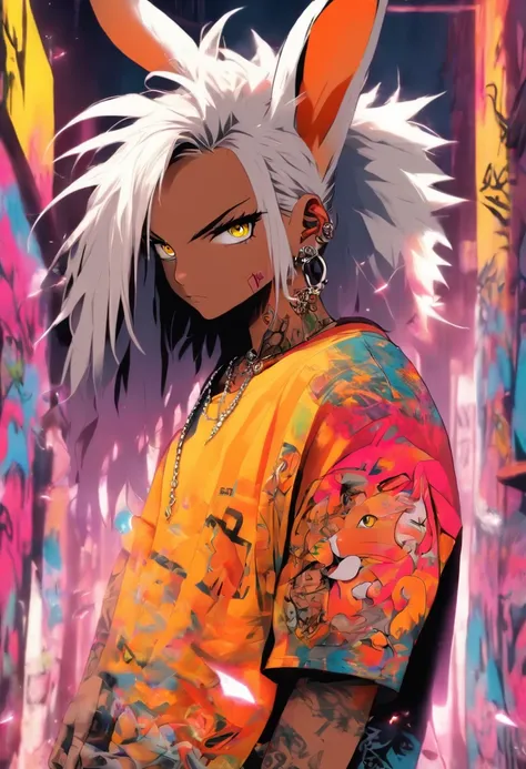 A cool and trendy rabbit, white hair, yellow eyes, wearing trendy hip hop clothing, wearing a hoodie, graphic t-shirt and torn jeans, tons of tattoos and piercings, graffiti style background, highly detailed background, perfect masterpiece, high quality, h...