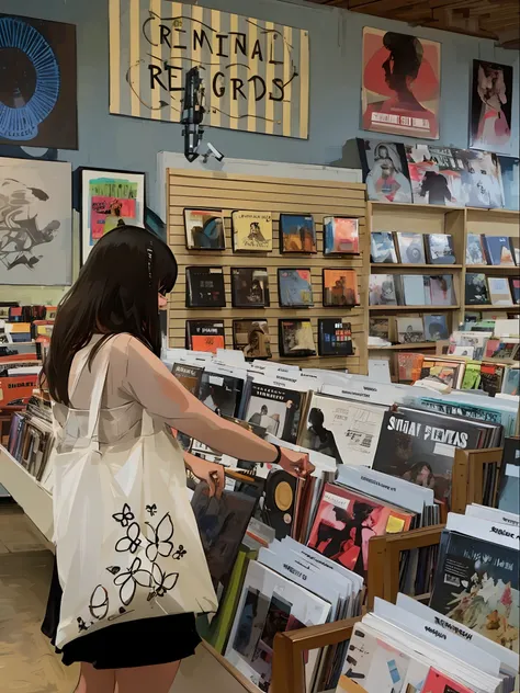 arafed woman looking at a book in a store, girl in a record store, nostalgic vibes, looking off to the side, nostalgic feeling, ...