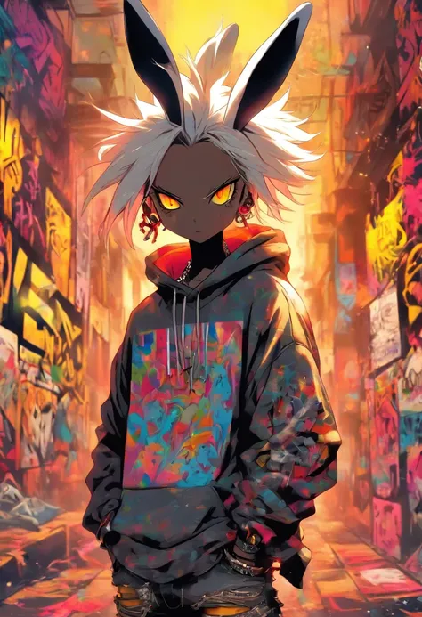 A cool and trendy rabbit, white hair, yellow eyes, wearing trendy hip hop clothing, wearing a hoodie, graphic t-shirt and torn jeans, tons of tattoos and piercings, graffiti style background, highly detailed background, perfect masterpiece, high quality, h...