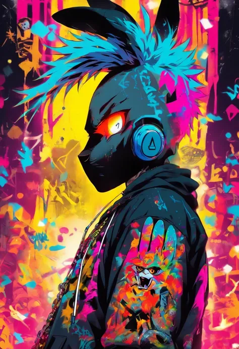 A cool and trendy rabbit, white hair, yellow eyes, wearing trendy hip hop clothing, wearing a hoodie, graphic t-shirt and torn jeans, tons of tattoos and piercings, graffiti style background, highly detailed background, perfect masterpiece, high quality, h...