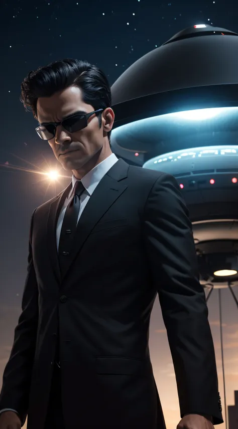 A Men in Black figure using advanced technology to investigate a UFO sighting.