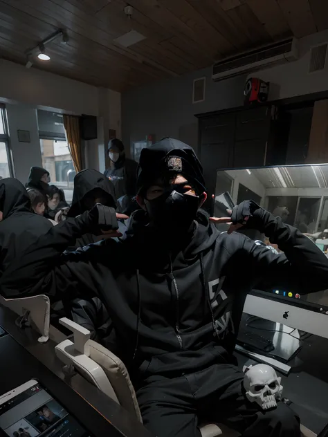 a close up of a person wearing a black mask and a hood, london gang member, grime, hood covers his eyes, bladee from drain gang, british gang member, still from a music video, balaclava, ski mask, detailled face, black face, hood, low quality footage, look...