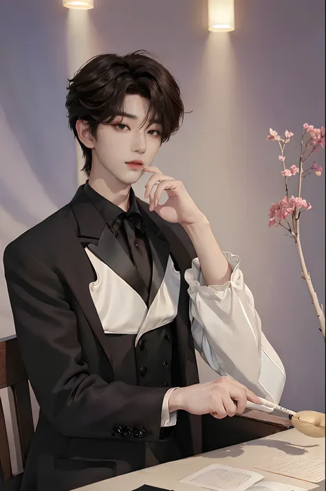 ((4K works))、​masterpiece、（top-quality)、((high-level image quality))、((One Manly Boy))、Slim body、((Man in black tuxedo))、(Detailed beautiful eyes)、((Model Magazines))、deacon、Face similar to Chaewon in Ruseraphim、((short hair above the ears))、((Smaller face...