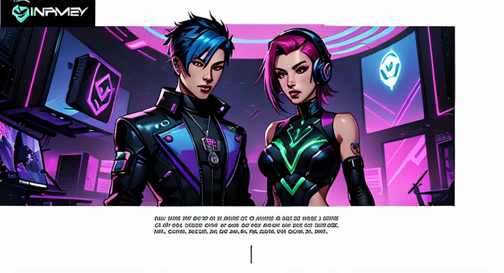 3 game character male and female  with different colored hair and costumes, game characters, game cg, mobile game, mobile game style, cyber universe style, cyber punk setting, esports, mobile legends, ingame image, nvidia promotional image, game cover, cyb...