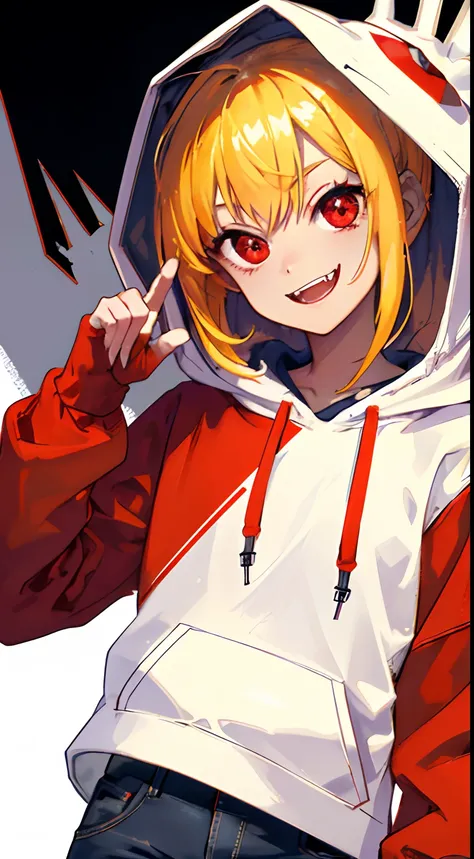 masterpiece, best quality, a mischevious girl wearing a hoodie, 1girl, (power (chainsaw_man)), cute, perfect face, expressive eyes, vampire fangs, naughty, mischevious, cute, (close up), no_pants, cozy, warm colors, loose hoodie, perfect light, dramatc lig...