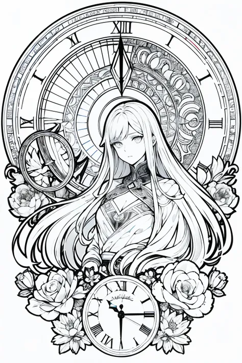 Painting of a woman with long hair and a watch, bela arte de linha, arte da linha preto e branco, bela arte de linha, Very fine ink strokes, arte oficial altamente detalhada, Arte da linha preta no branco, Artwork,Does not ooze black, livro para colorir, f...