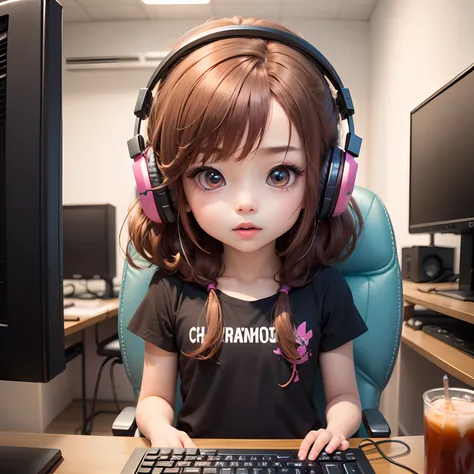 ​masterpiece、top-quality、ultra-detailliert、（Chibi Charas Daughter:1.2）、Red-brown hair、Metal headphones、Pink PC、Chibi Computer Lab、sit a chair、