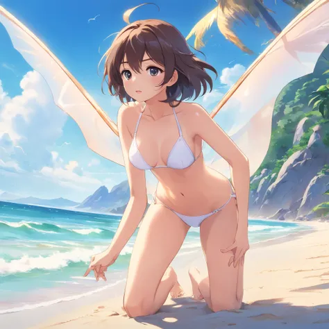 Transparent pure white micro bikini、Tiny micro bikini、Showing female genitalia、Exposing female genitalia、legs wide open、Thighs wide open、Crotch wide open、Nasty poses、Sexual expression、Nasty look、Beautiful breasts、the beach