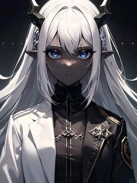 (Masterpiece, Best quality, ultra high resolution),2girl, grey hair, pointy ears, white jacket,(black hair,dark skin),(white skin, pale skin),black jacket,beautiful and detailed face, detailed eyes,(grey theme),in the savanna,