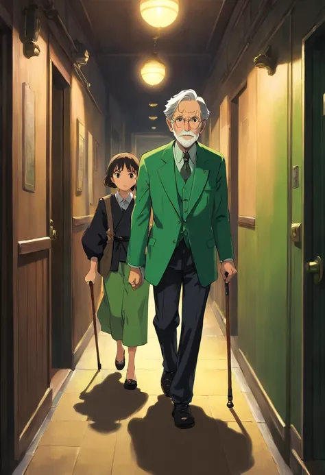 Draw a picture of an old man with a cane accompanied by an adult woman dressed in black and a boy in a green suit walking down a dark corridor