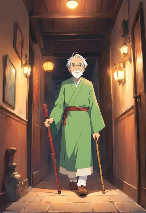 Draw a picture of an old man with a cane , el anciano tiene a su lado derecho una mujer adulta con un vestido negro y sombrero del mismo color , The woman has on her left side a 10-year-old boy dressed in green holding her hand , are walking in a dark hall...