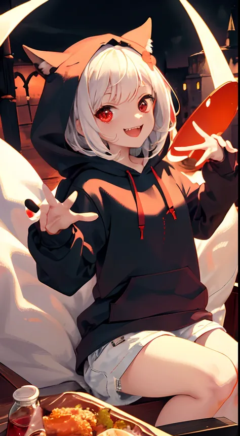 masterpiece, best quality, gorgeous, a mischevious girl wearing a hoodie, 1girl, cute, perfect face, expressive eyes, vampire fangs, naughty, mischevious, cute, (close up), no_pants, white hair, bedroom, cozy, warm colors, loose hoodie, perfect light, dram...