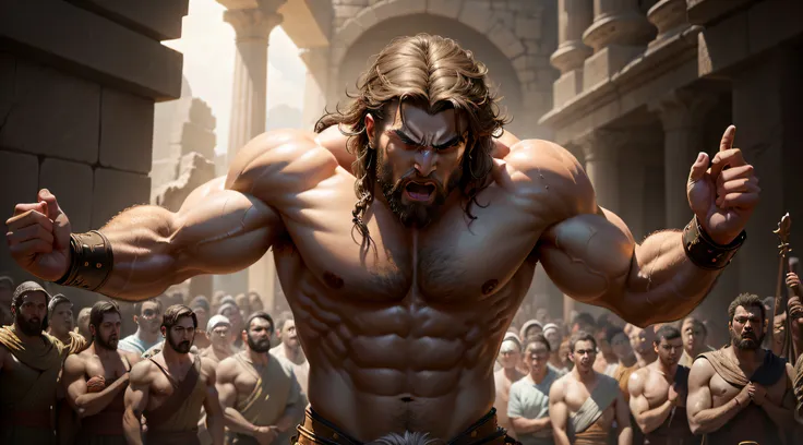 "Generate a hyper-realistic image using artificial intelligence that captures the final moments of the biblical character Samson. Illustrate the scene with lifelike precision, depicting Samson in the act of defeating the Philistines by toppling the temple ...