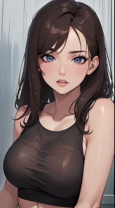 (Best quality, 4k, Masterpiece :1.3), pretty woman, 1girl, sexy :1.1, dark brown hair: 1.1, (rainy wet, wet from rain, wet body :1.2), white tank tops, ultra-detailed face, detailed lips, detailed eyes, double eyelid