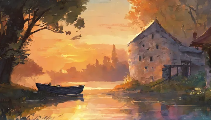 Une ferme sous le grand arbre au bord du ruisseau, coucher de soleil, Two boats in the water,, Dramatic soft light, Water color painting, Style classique, couleurs riches, coups de pinceau, Textures de couleurs harmonieuses, Portraits expressifs, compositi...